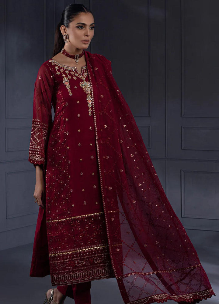 Shamooz Pret Embroidered Khaadi Net 3 Piece Suit SEM-0532 Dark Maroon