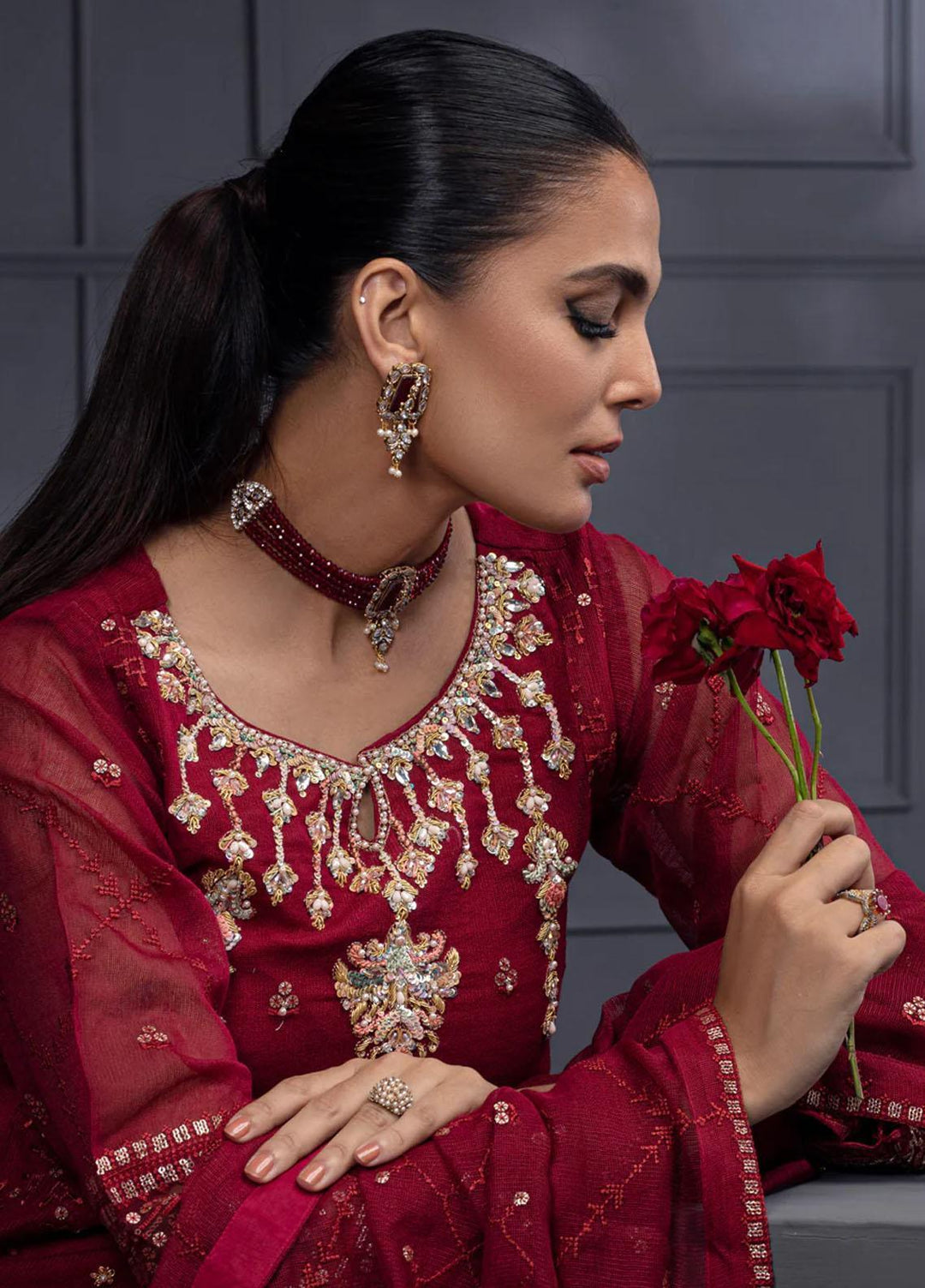 Shamooz Pret Embroidered Khaadi Net 3 Piece Suit SEM-0532 Dark Maroon