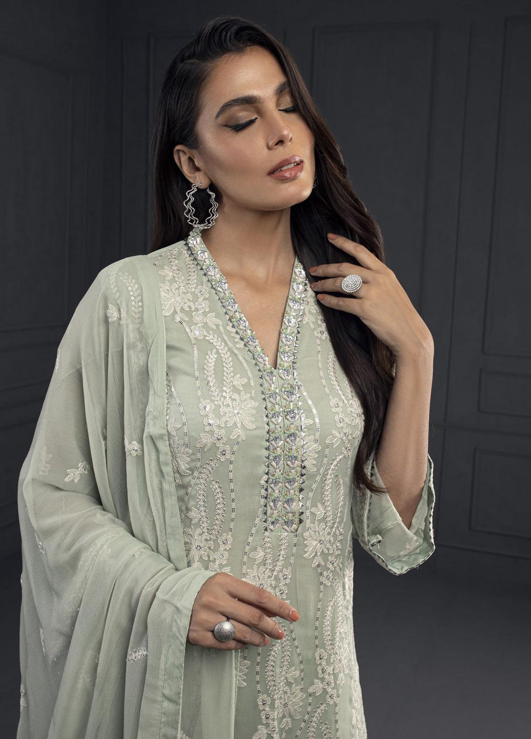 Shamooz Pret Embroidered Khaadi Net 3 Piece Suit SEM-0538 Green Olive
