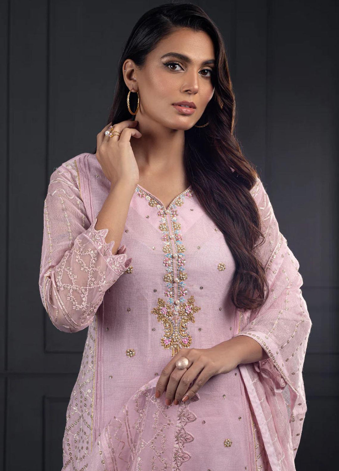 Shamooz Pret Embroidered Khaadi Net 3 Piece Suit SEM-0539 Daisy Pink