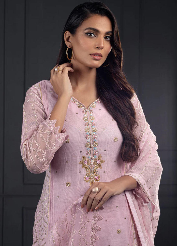 Shamooz Pret Embroidered Khaadi Net 3 Piece Suit SEM-0539 Daisy Pink
