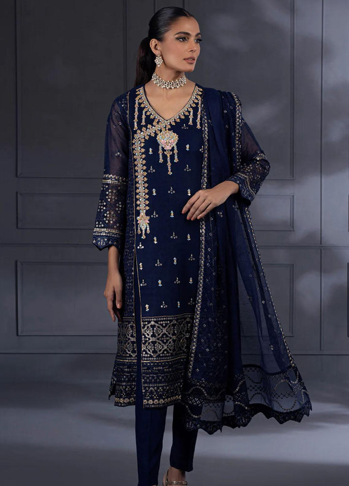 Shamooz Pret Embroidered Khaadi Net 3 Piece Suit SEM-0543 Navy Blue