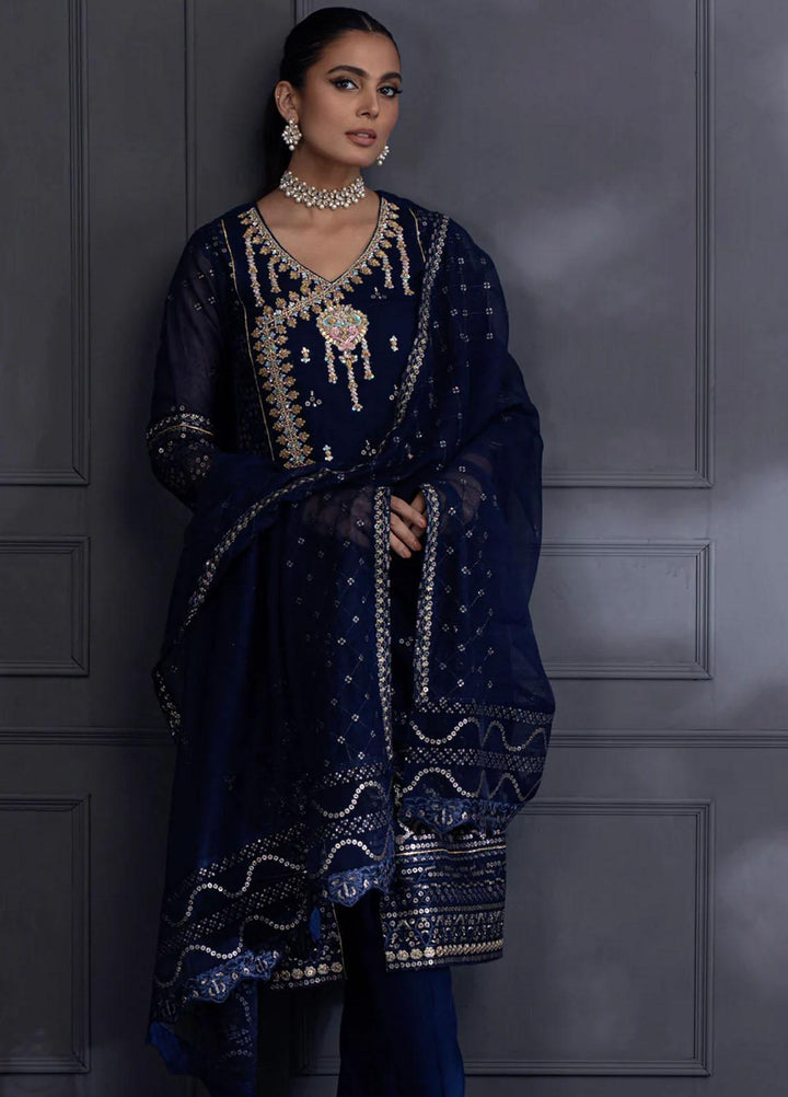Shamooz Pret Embroidered Khaadi Net 3 Piece Suit SEM-0543 Navy Blue