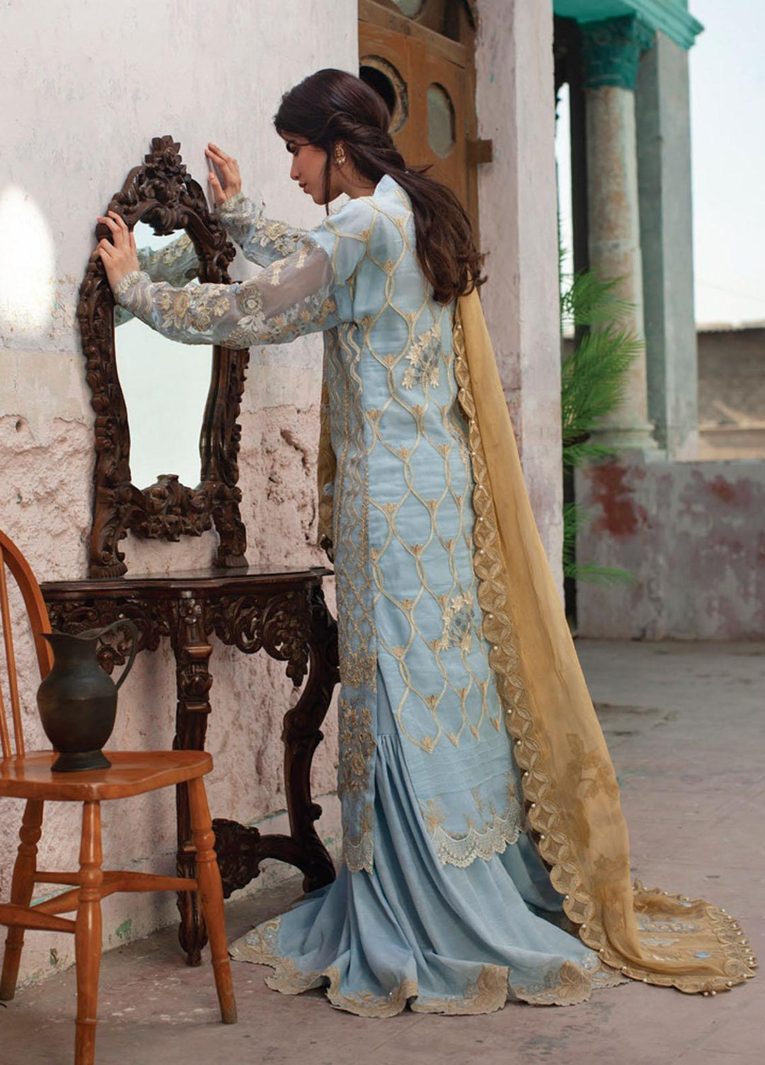 Rouche Embroidered Organza Suits Unstitched 3 Piece RCH21L 04-Sky Blue - Luxury Collection