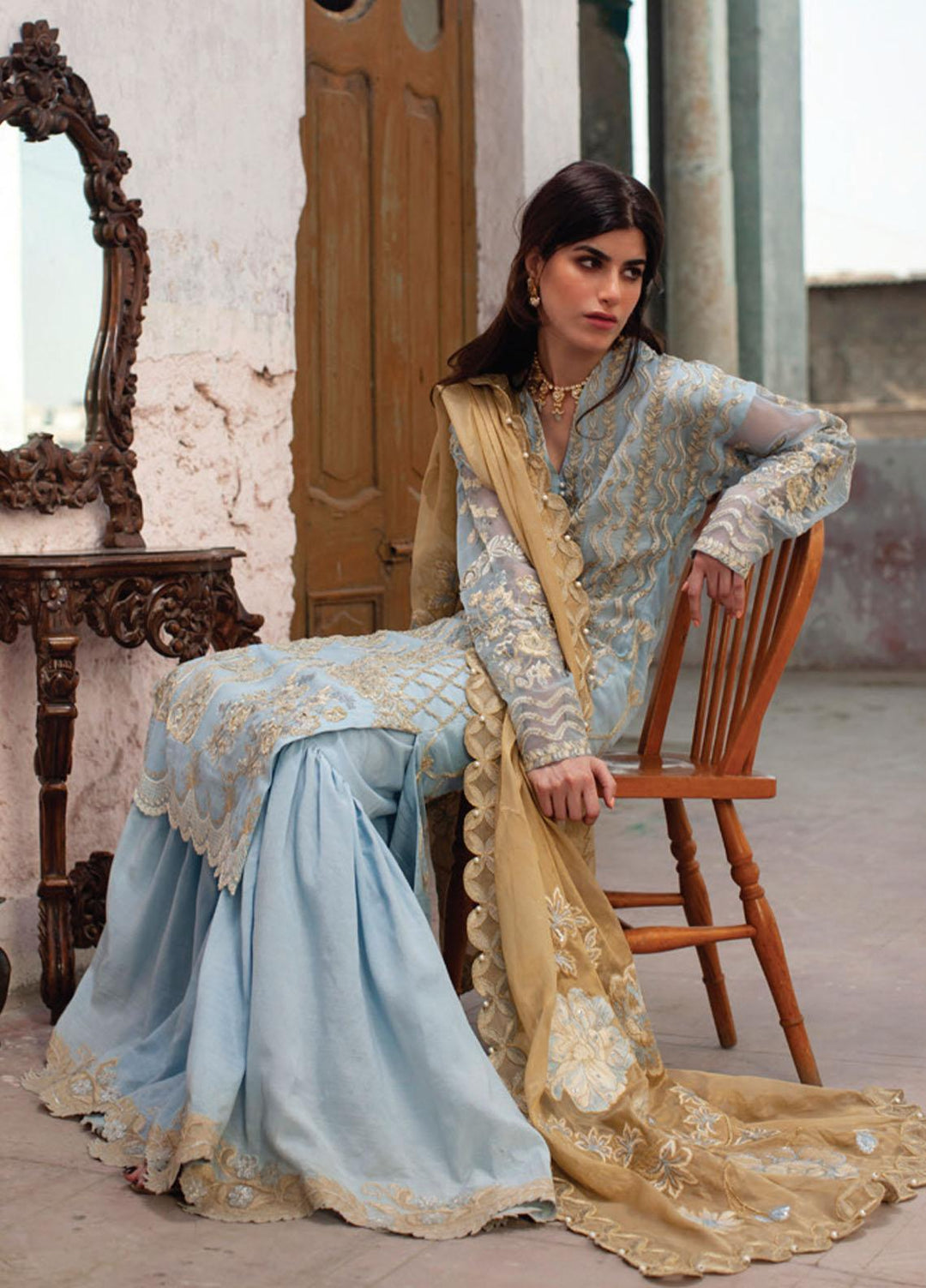 Rouche Embroidered Organza Suits Unstitched 3 Piece RCH21L 04-Sky Blue - Luxury Collection