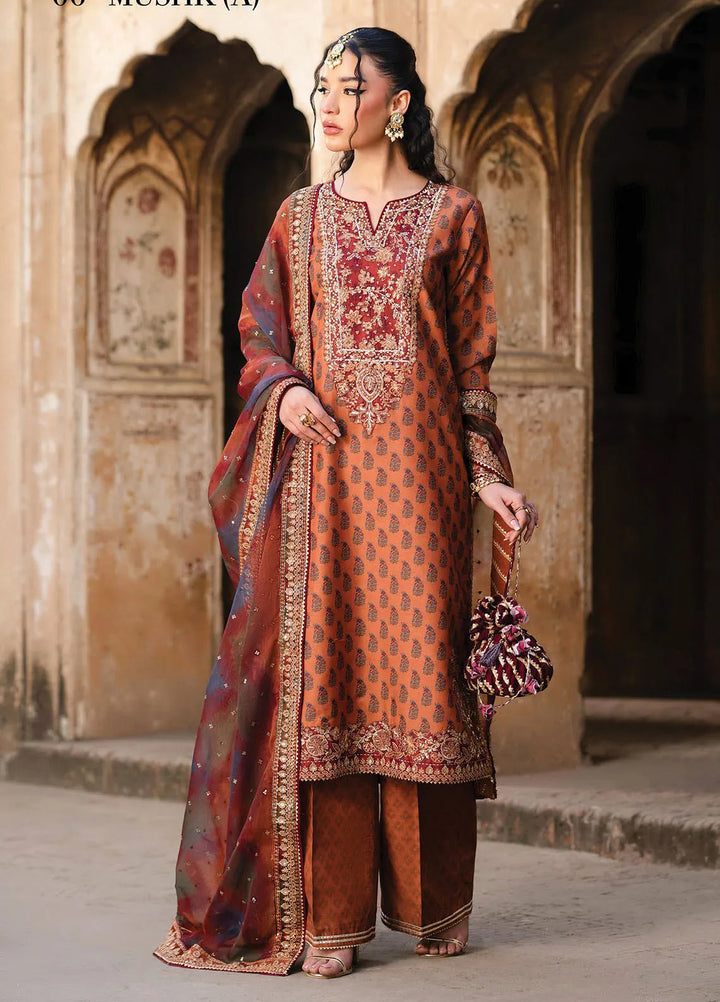 Rumi by Xenia Embroidered Raw Silk Suit Unstitched 3 Piece XE25RF D-06 Mushk A - Formals Collection