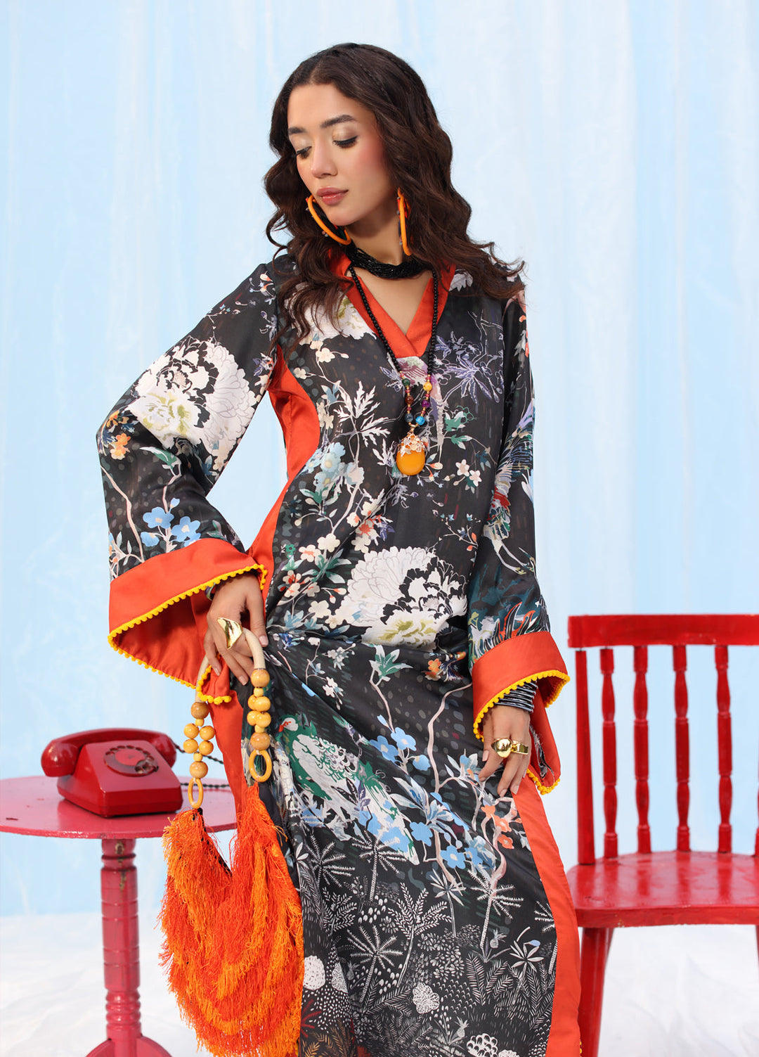 Rush Hour by Musferah Saad Pret Printed Silk 1 Piece Suit Black Orchard