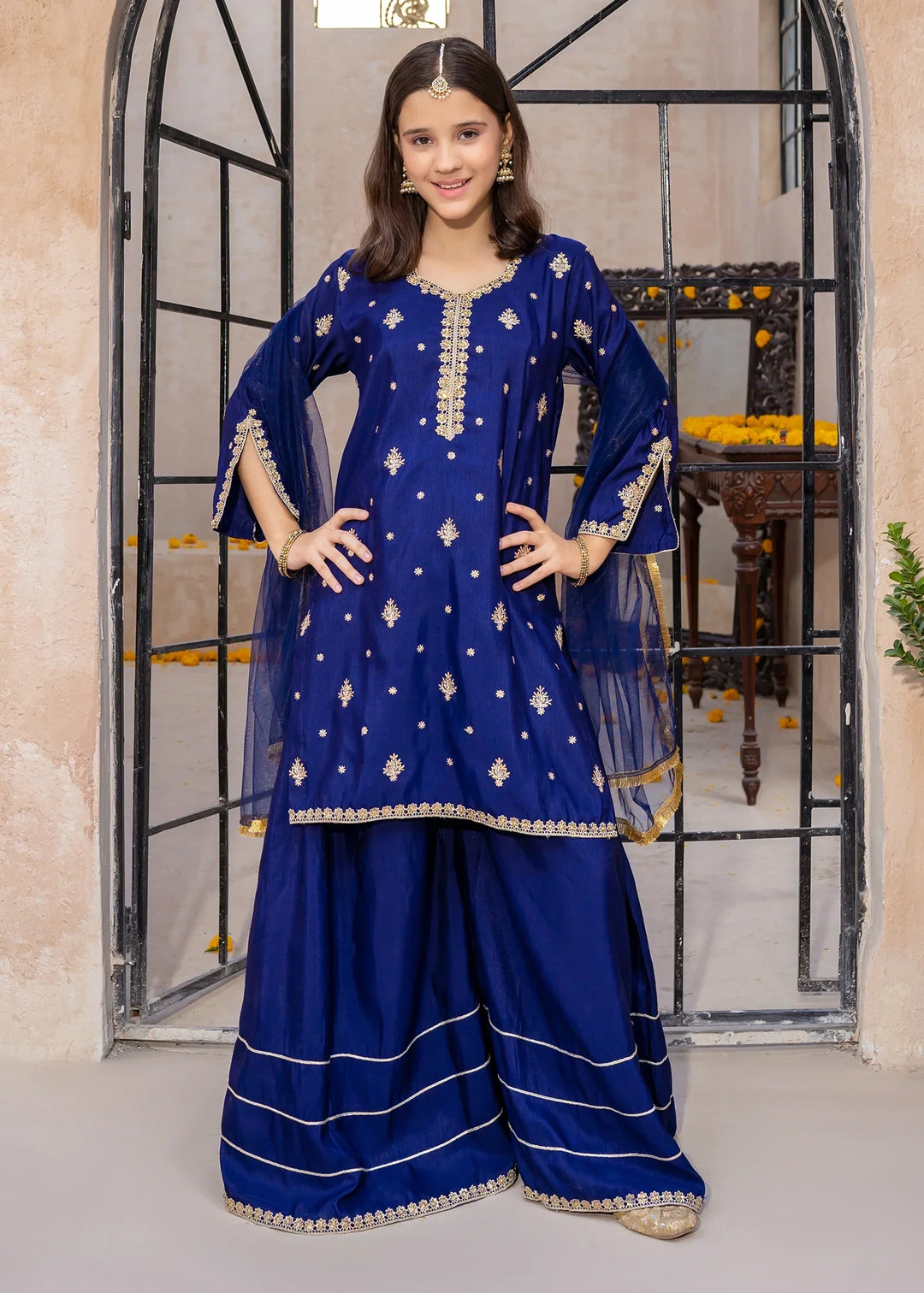 Modest Girls RTW Embroidered Silk 3 Piece Suit Blue Gharara Wedding Collection