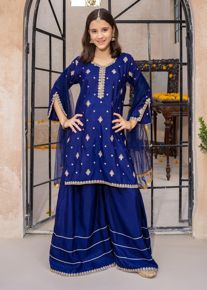 Modest Girls RTW Embroidered Silk 3 Piece Suit Blue Gharara Wedding Collection