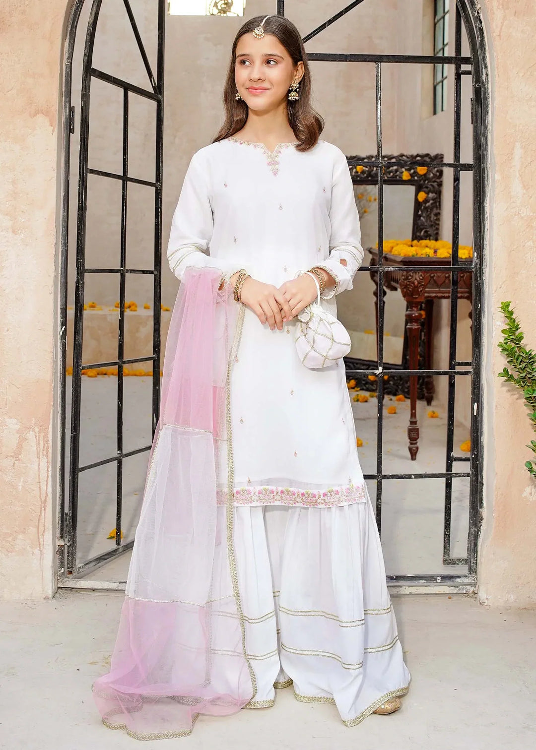Modest Girls RTW Embroidered Chiffon 3 Piece Suit White Wedding Collection
