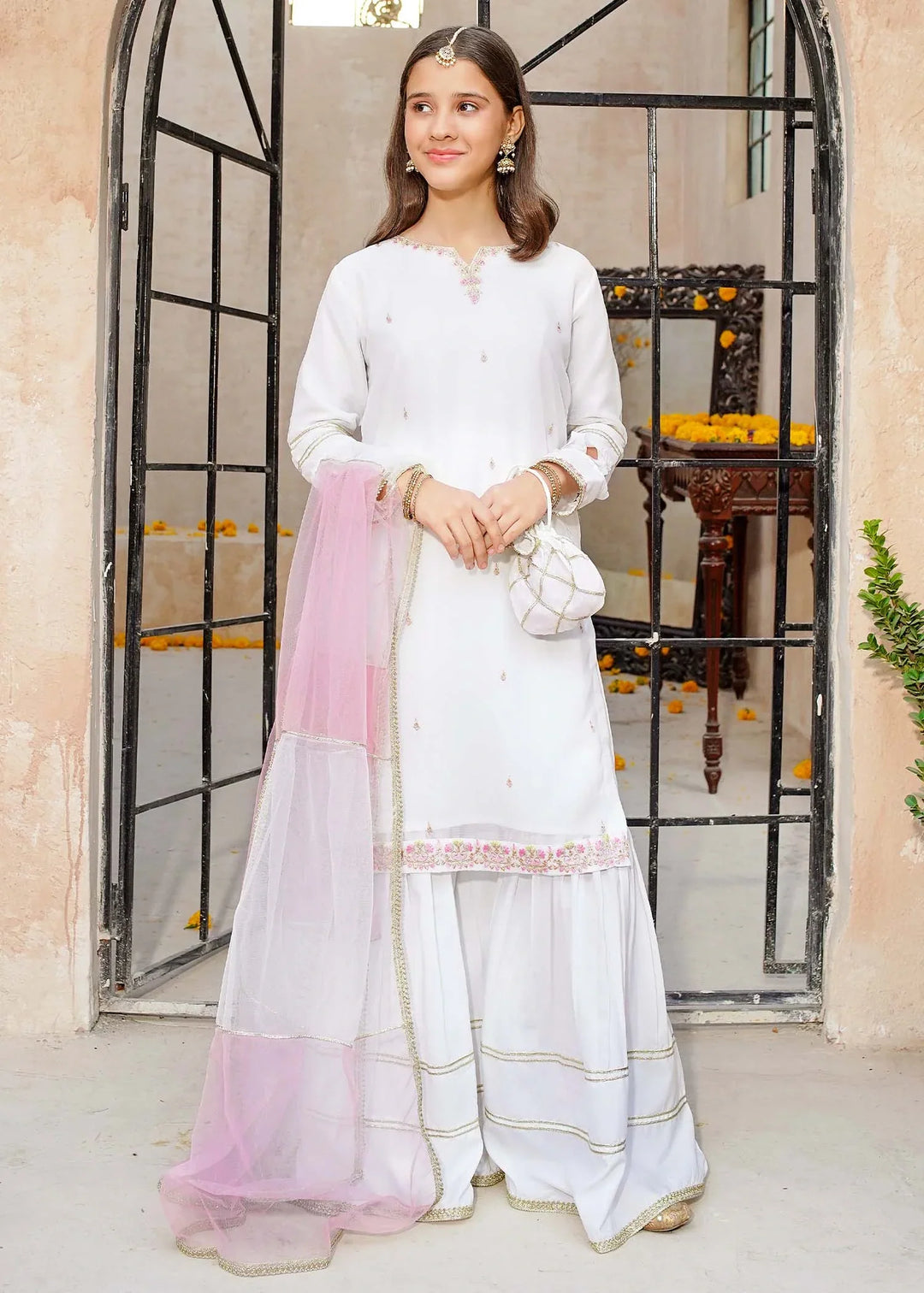 Modest Girls RTW Embroidered Chiffon 3 Piece Suit White Wedding Collection