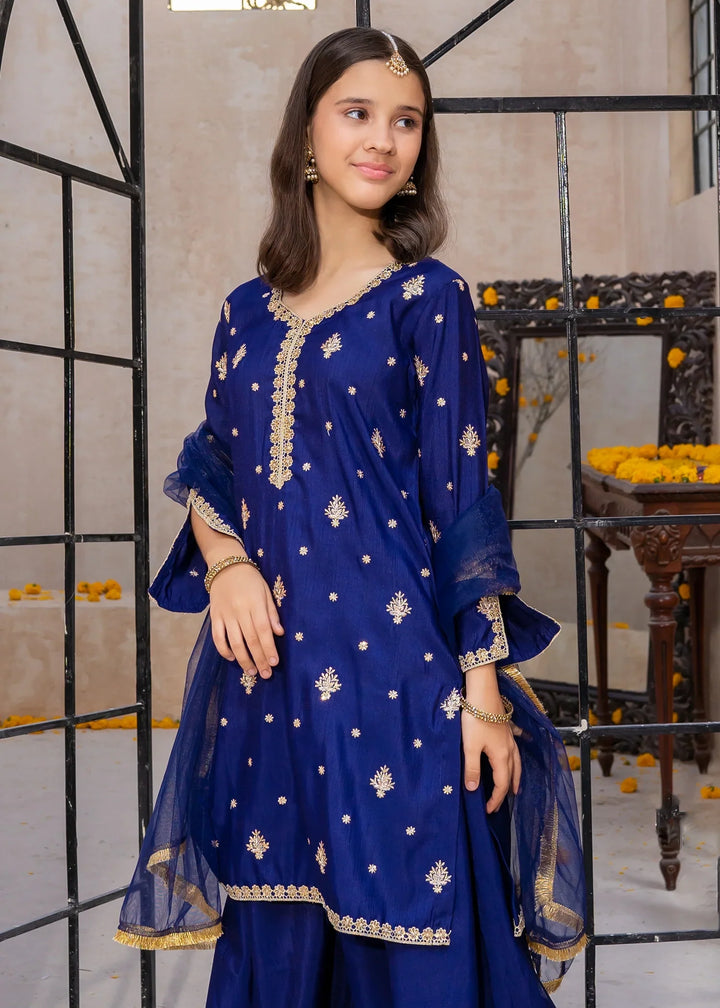 Modest Girls RTW Embroidered Silk 3 Piece Suit Blue Gharara Wedding Collection