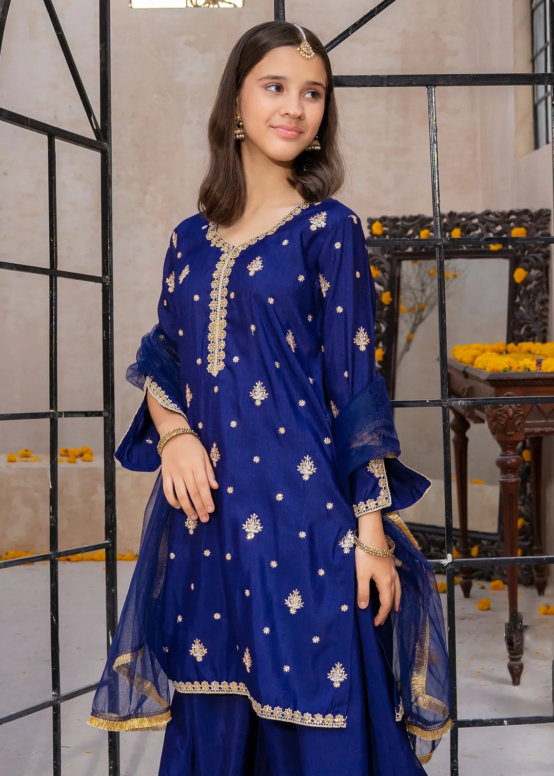 Modest Girls RTW Embroidered Silk 3 Piece Suit Blue Gharara Wedding Collection