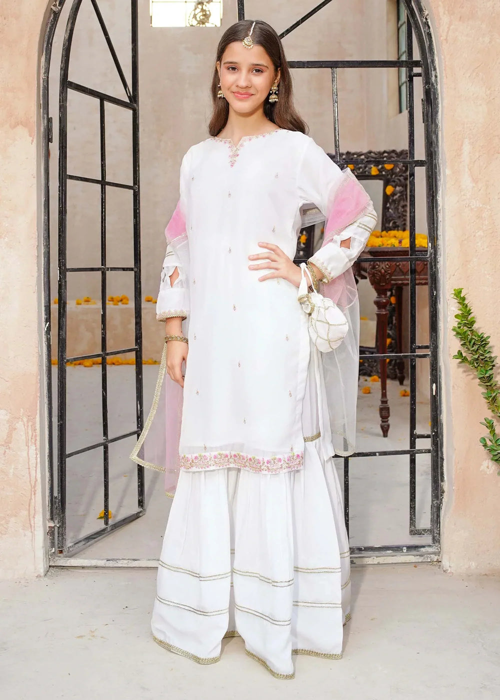 Modest Girls RTW Embroidered Chiffon 3 Piece Suit White Wedding Collection