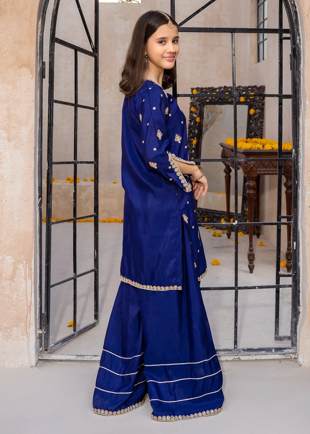 Modest Girls RTW Embroidered Silk 3 Piece Suit Blue Gharara Wedding Collection