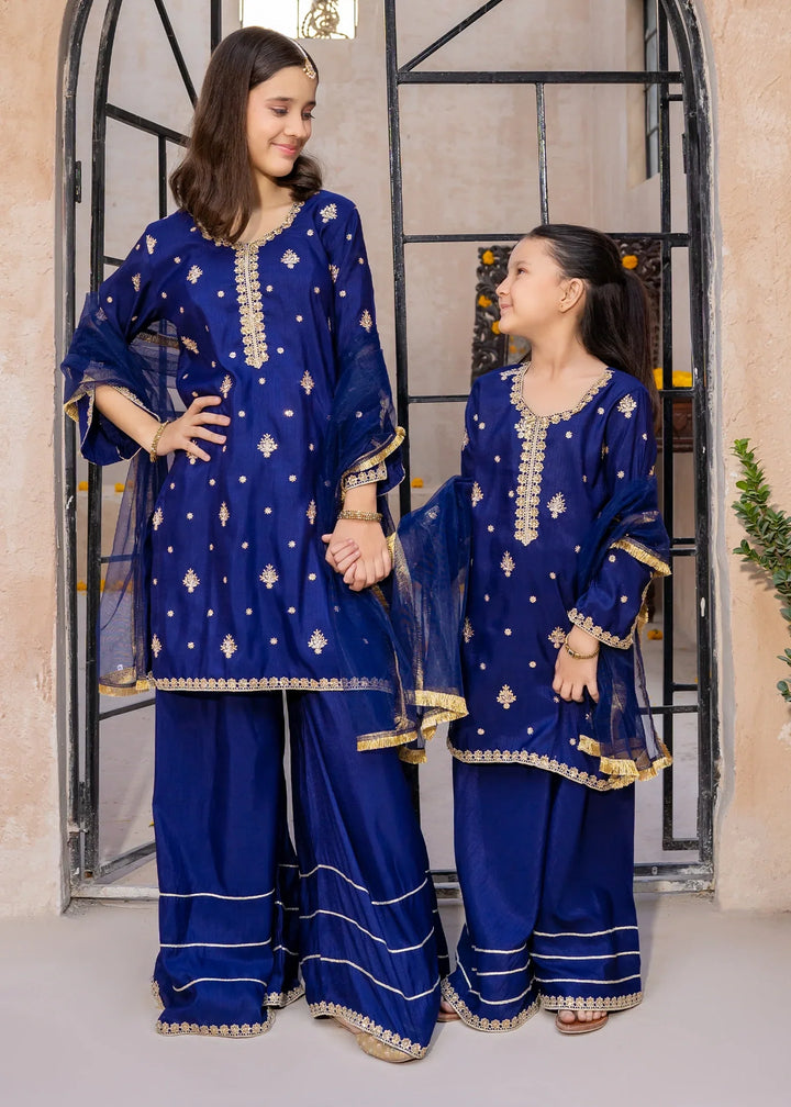 Modest Girls RTW Embroidered Silk 3 Piece Suit Blue Gharara Wedding Collection
