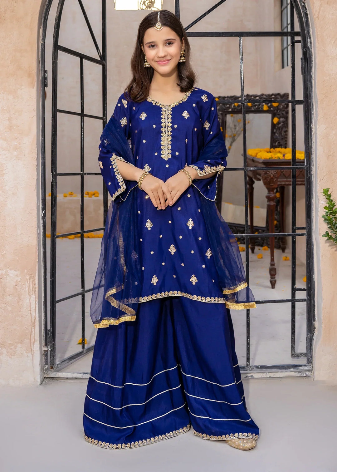 Modest Girls RTW Embroidered Silk 3 Piece Suit Blue Gharara Wedding Collection