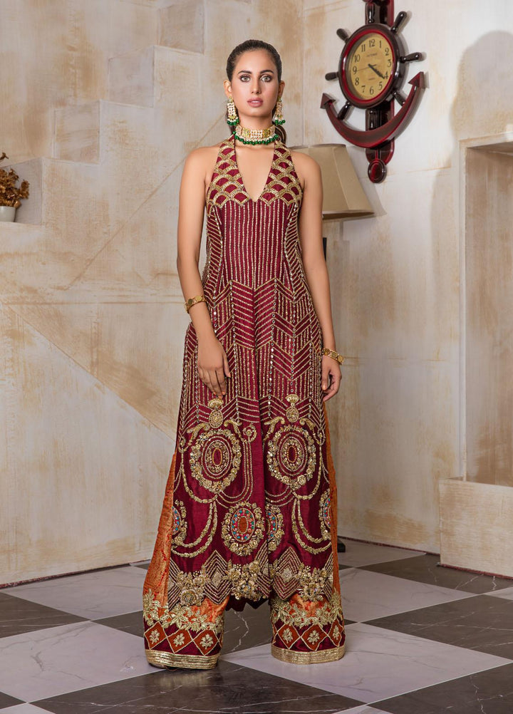 Sadya Sumair Luxury Pret Embroidered Raw Silk 2 Piece Dress Maroon