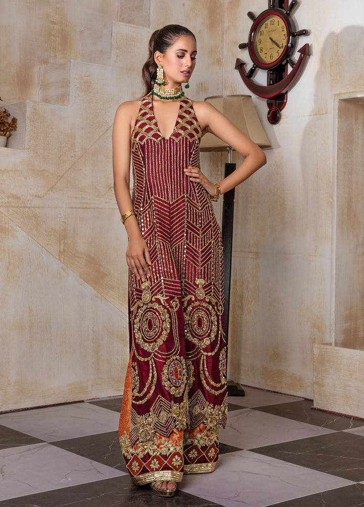 Sadya Sumair Luxury Pret Embroidered Raw Silk 2 Piece Dress Maroon