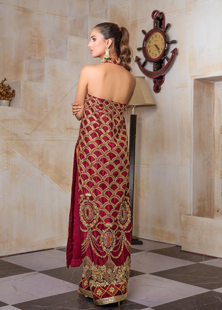 Sadya Sumair Luxury Pret Embroidered Raw Silk 2 Piece Dress Maroon