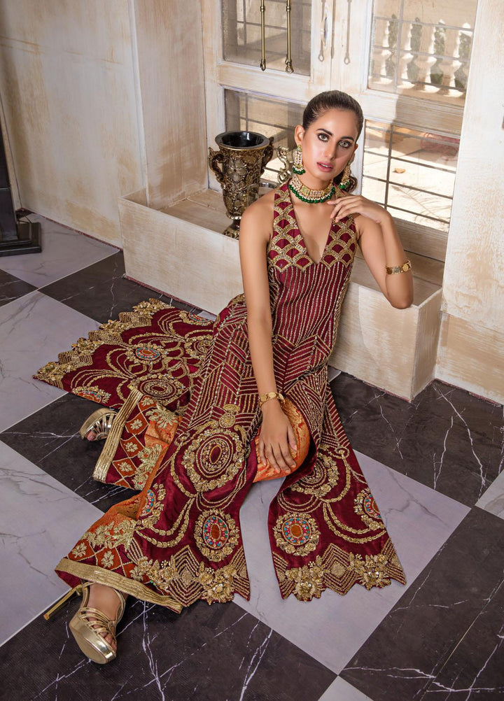Sadya Sumair Luxury Pret Embroidered Raw Silk 2 Piece Dress Maroon