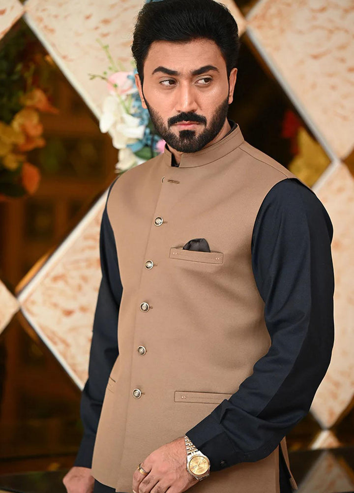 Saeed Ajmal Textured Festive Waistcoat for Men -  10-20-14-1443 Brown