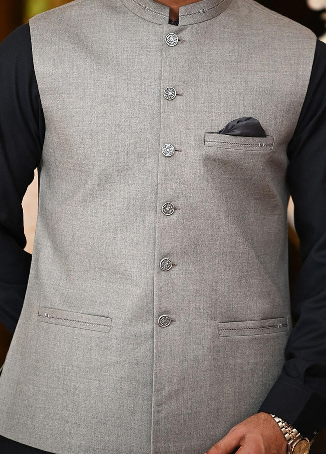 Saeed Ajmal Textured Festive Waistcoat for Men -  10-20-14-1475 Silver