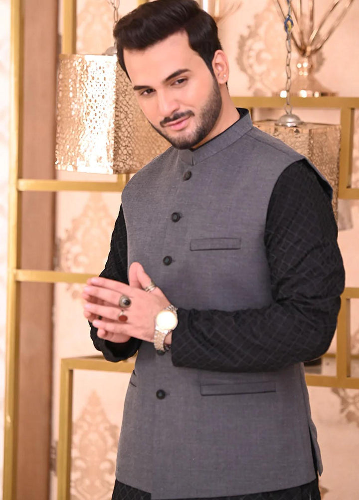 Saeed Ajmal Textured Festive Waistcoat for Men -  10-20-14-1467 Charcoal