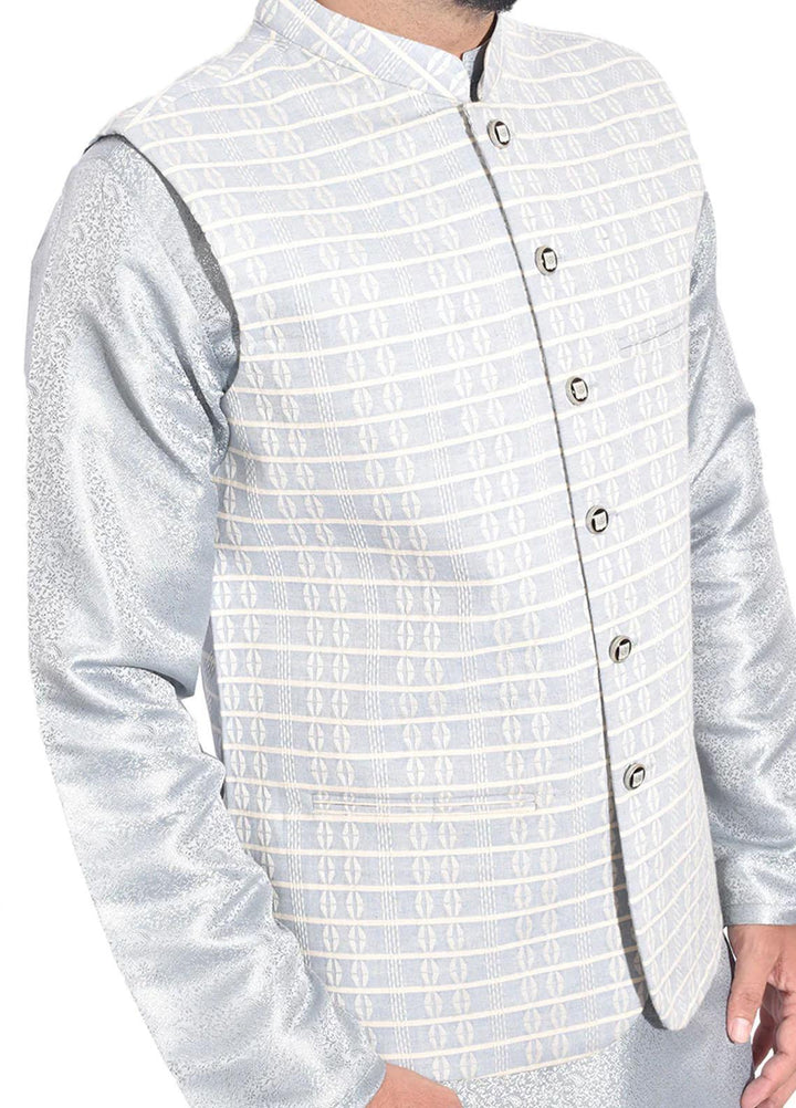 Saeed Ajmal Textured Festive Waistcoat for Men -  10-20-14-1447 White