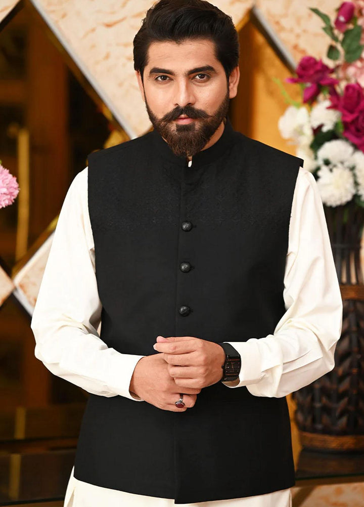 Saeed Ajmal Textured Festive Waistcoat for Men -  10-20-14-1463 Black