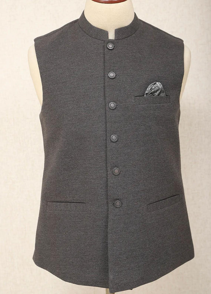 Saeed Ajmal Textured Festive Waistcoat for Men -  10-20-14-1503 Charcoal