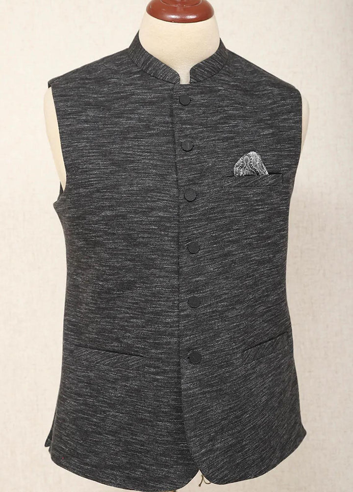 Saeed Ajmal Textured Festive Waistcoat for Men -  10-20-14-1515 Black Slub