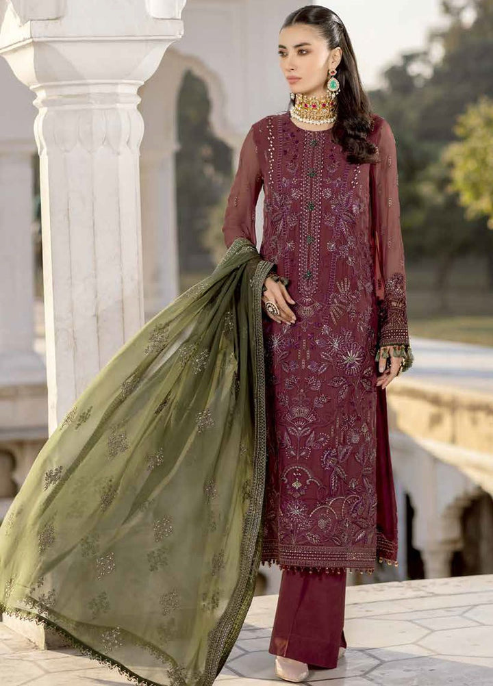 Safeera by Flossie Embroidered Chiffon Suits Unstitched 3 Piece FL24SF S-1305 Cherryade - Luxury Collection