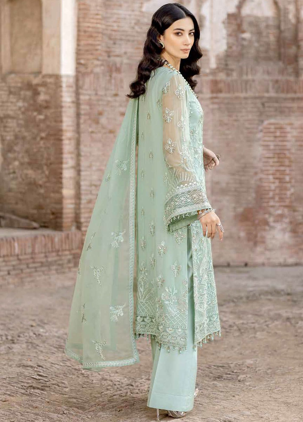 Safeera by Flossie Embroidered Chiffon Suits Unstitched 3 Piece FL24SF S-1309 Snow Pea - Luxury Collection