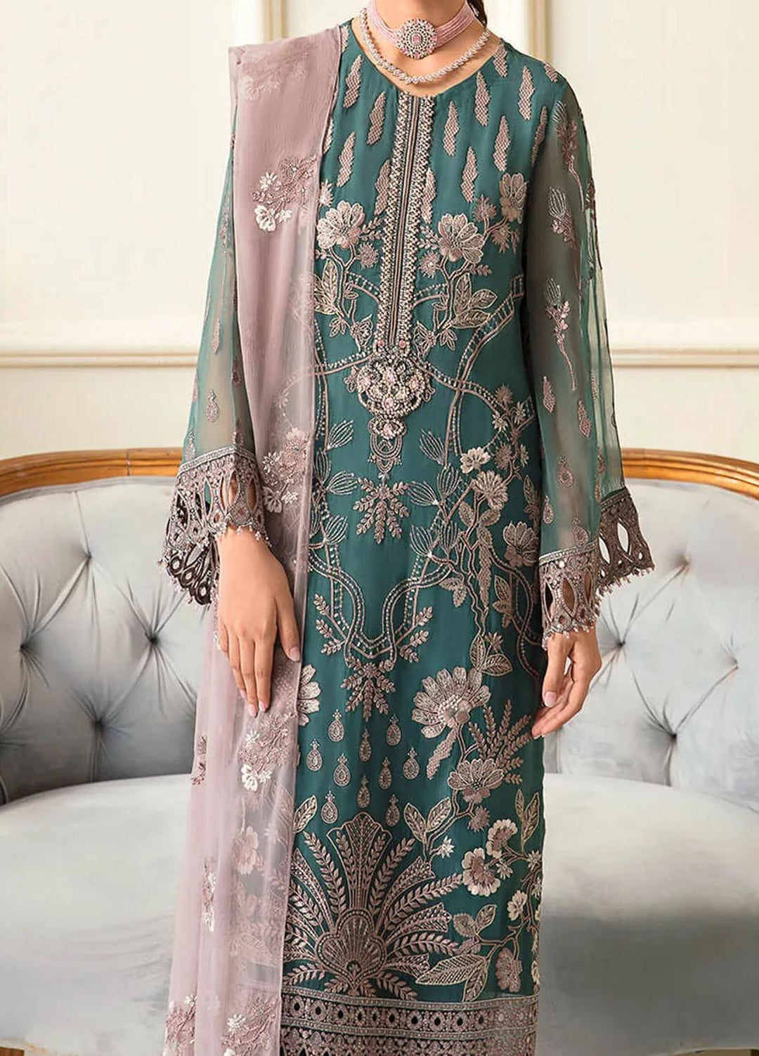 Safeera By Flossie Embroidered Chiffon Suits Unstitched 3 Piece FS23SFLU S-1209 Brush Green - Luxury Collection
