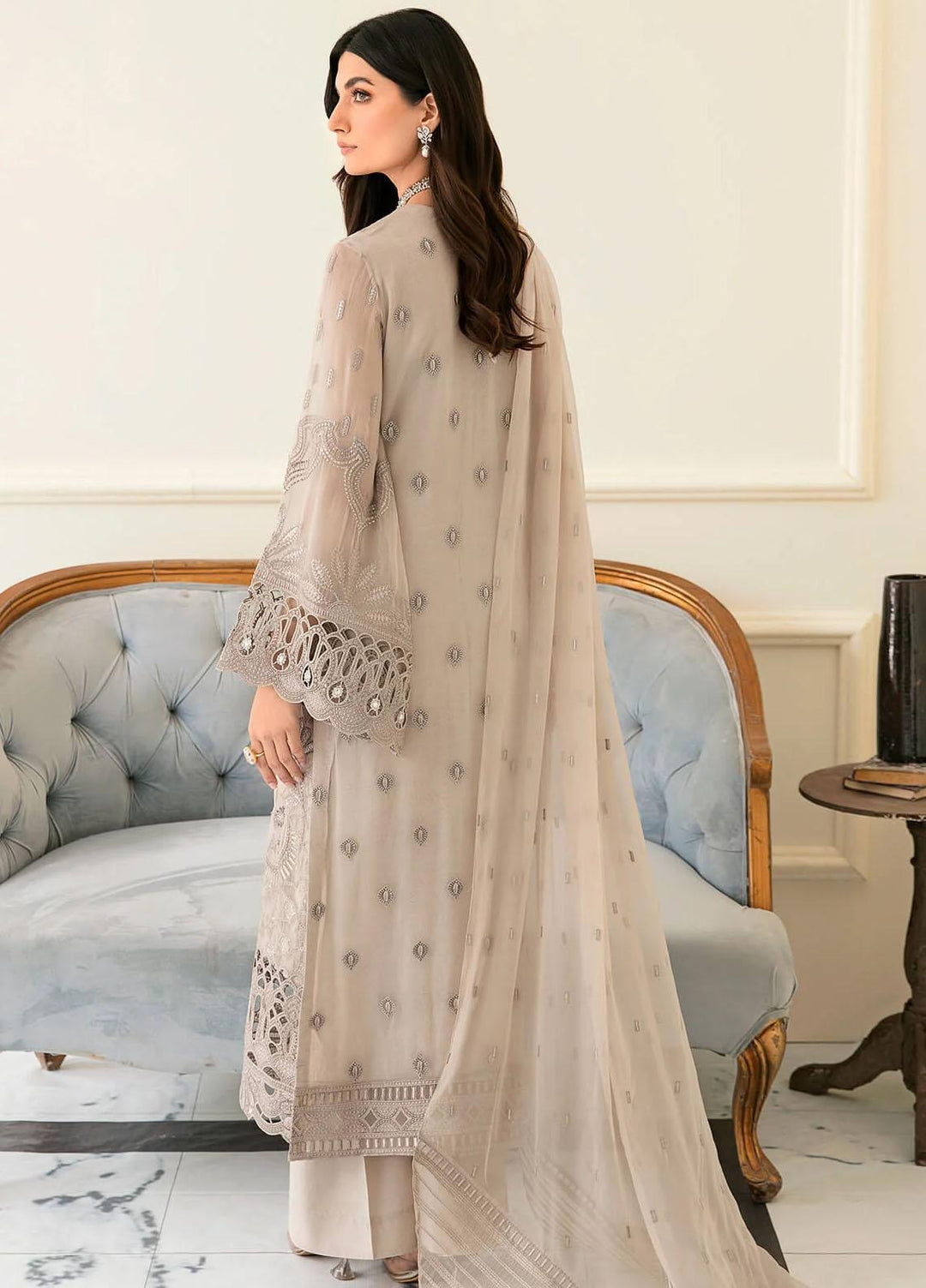 Safeera By Flossie Embroidered Chiffon Suits Unstitched 3 Piece FS23SFLU S-1207 Chestnut - Luxury Collection