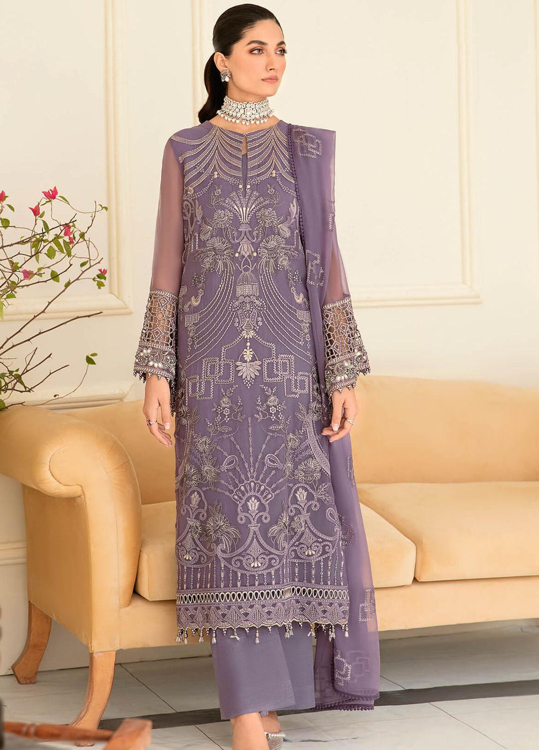 Safeera By Flossie Embroidered Chiffon Suits Unstitched 3 Piece FS23SFLU S-1204 Periwinkle - Luxury Collection