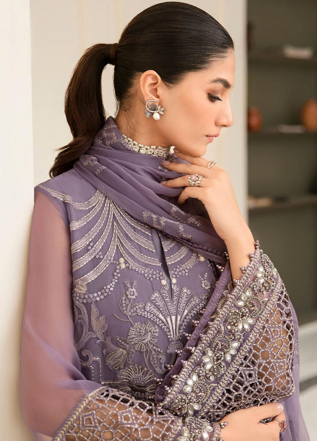 Safeera By Flossie Embroidered Chiffon Suits Unstitched 3 Piece FS23SFLU S-1204 Periwinkle - Luxury Collection