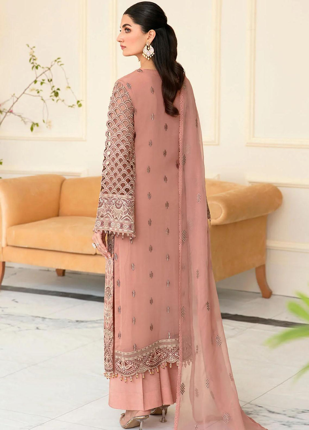 Safeera By Flossie Embroidered Chiffon Suits Unstitched 3 Piece FS23SFLU S-1208 Shell Pink - Luxury Collection
