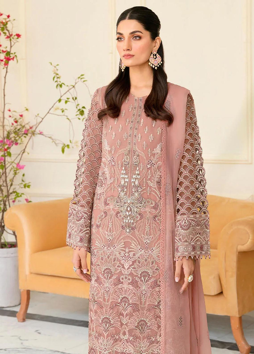 Safeera By Flossie Embroidered Chiffon Suits Unstitched 3 Piece FS23SFLU S-1208 Shell Pink - Luxury Collection