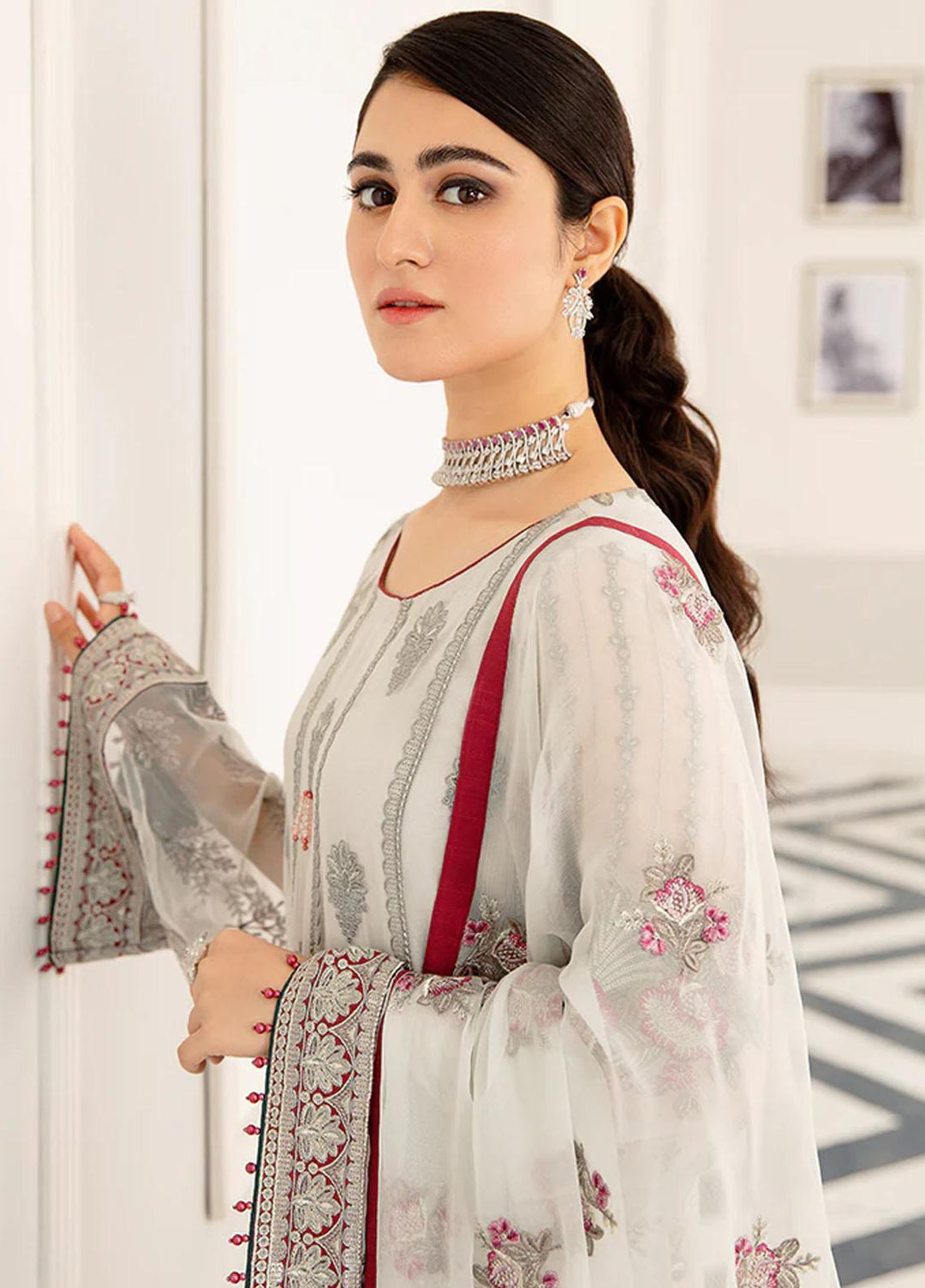 Safeera By Flossie Embroidered Chiffon Suits Unstitched 3 Piece FS23SFLU S-1106 Lustrous Plata - Luxury Collection