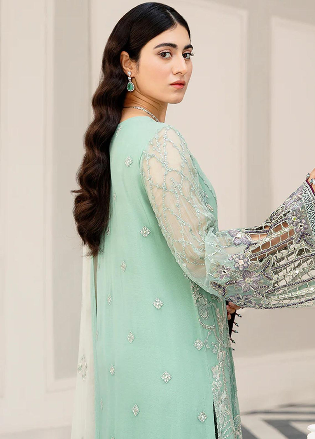 Safeera By Flossie Embroidered Chiffon Suits Unstitched 3 Piece FS23SFLU S-1102 Intensified Aqua - Luxury Collection