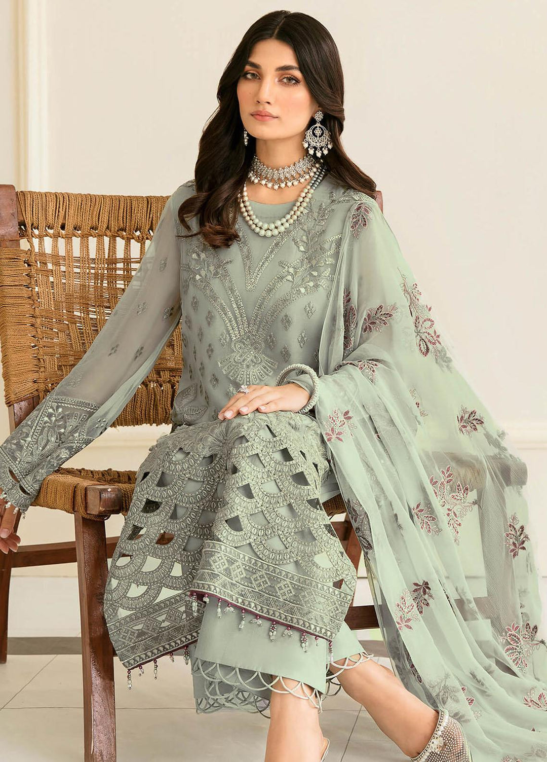 Safeera By Flossie Embroidered Chiffon Suits Unstitched 3 Piece FS23SFLU S-1206 Pistachio - Luxury Collection