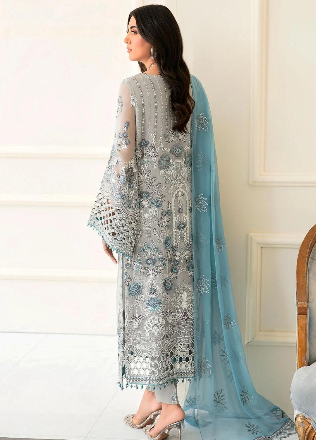 Safeera By Flossie Embroidered Chiffon Suits Unstitched 3 Piece FS23SFLU S-1201 Pebble - Luxury Collection