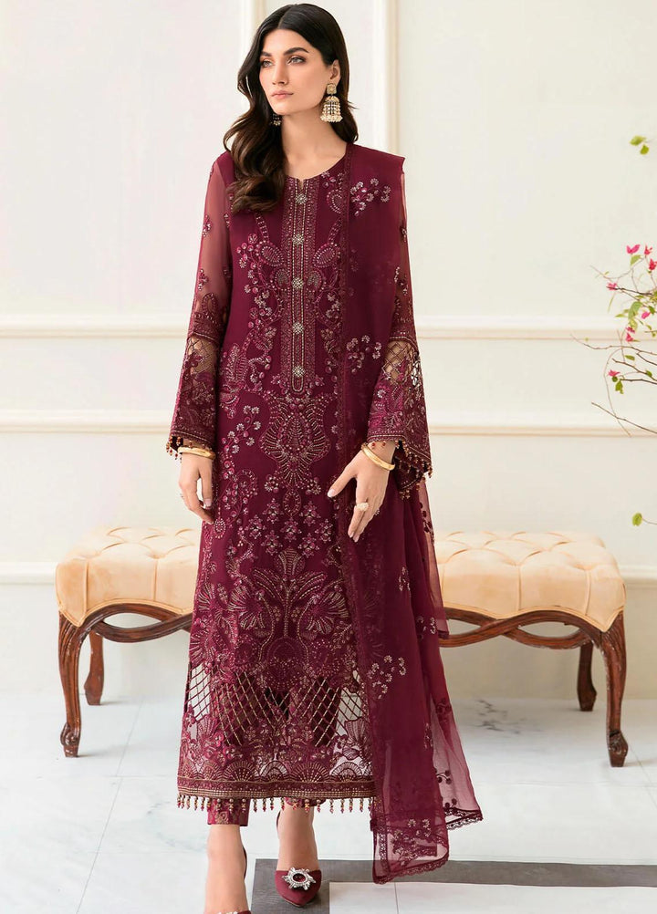 Safeera By Flossie Embroidered Chiffon Suits Unstitched 3 Piece FS23SFLU S-1205 Apple Red - Luxury Collection