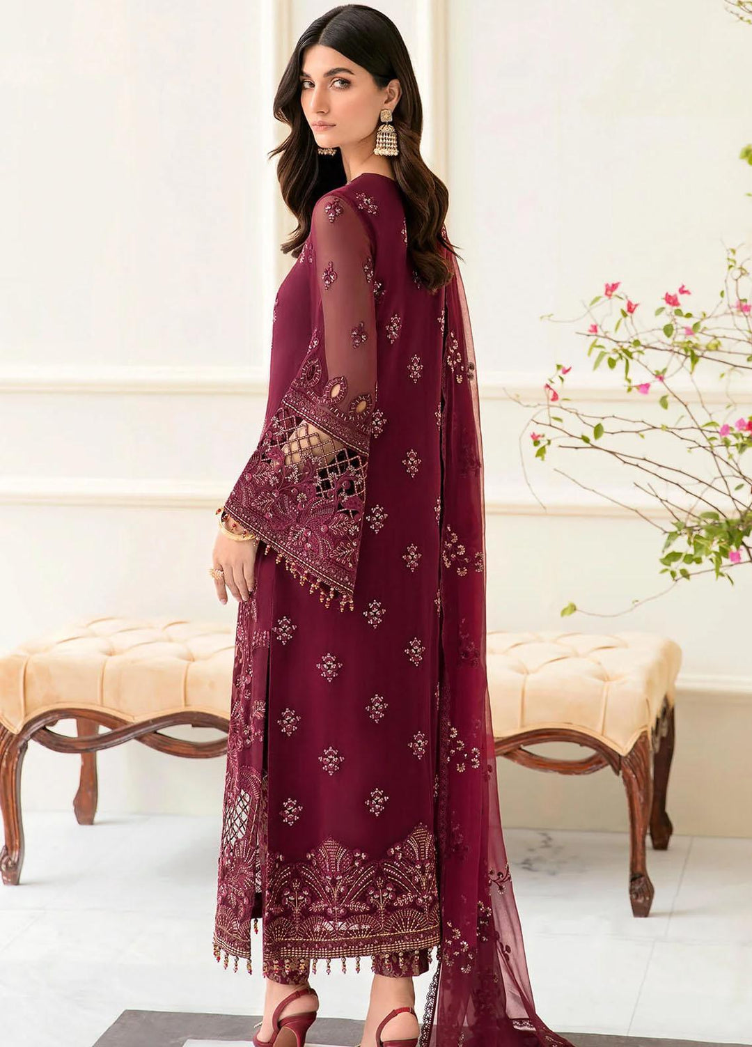 Safeera By Flossie Embroidered Chiffon Suits Unstitched 3 Piece FS23SFLU S-1205 Apple Red - Luxury Collection