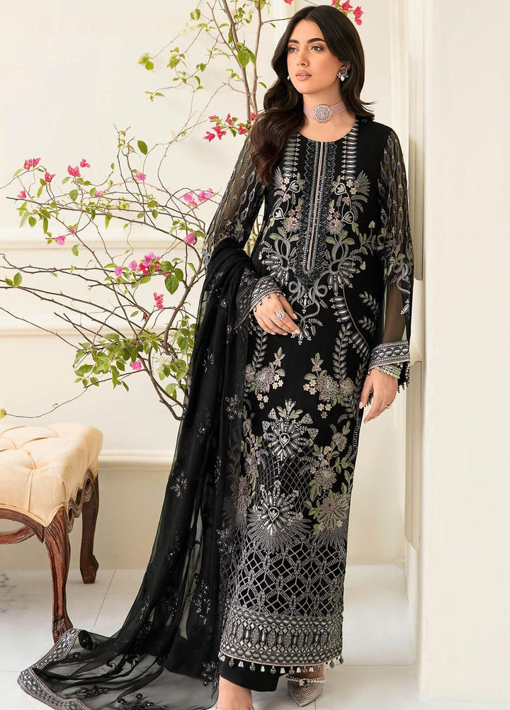 Safeera By Flossie Embroidered Chiffon Suits Unstitched 3 Piece FS23SFLU S-1202 Obsidian - Luxury Collection