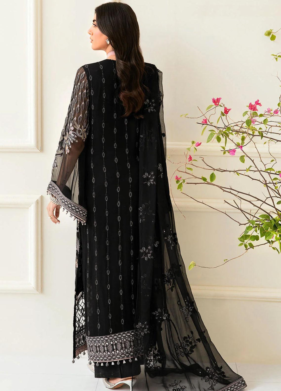 Safeera By Flossie Embroidered Chiffon Suits Unstitched 3 Piece FS23SFLU S-1202 Obsidian - Luxury Collection