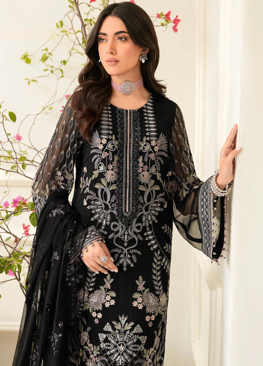 Safeera By Flossie Embroidered Chiffon Suits Unstitched 3 Piece FS23SFLU S-1202 Obsidian - Luxury Collection
