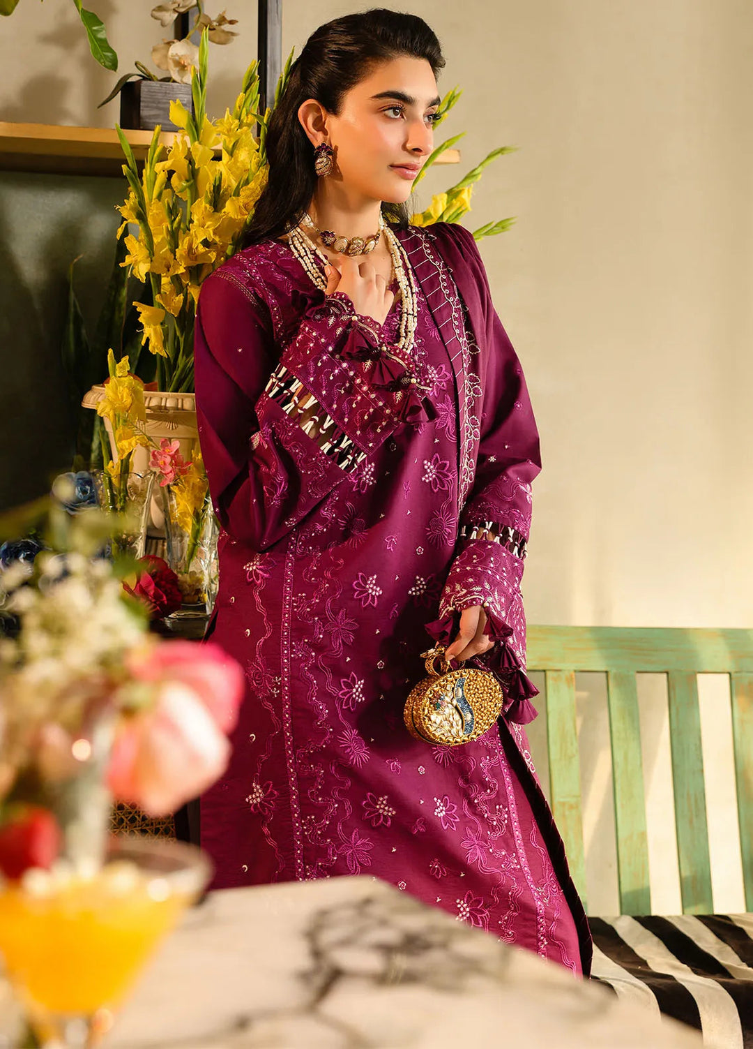 Sahane Embroidered Lawn Suits Unstitched 3 Piece SNE25IL CT-21002 Berry - Summer Collection